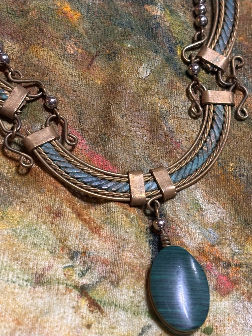 Vintage Copper and brass with green stone necklace .